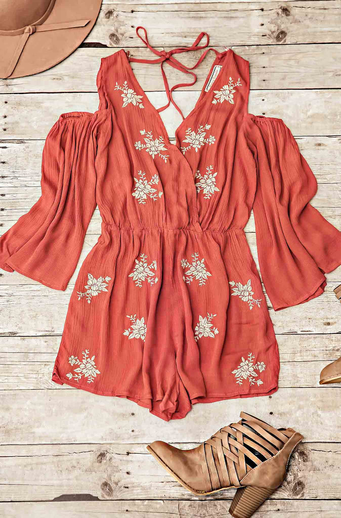 SAYDE EMBROIDERED OPEN SHOULDER ROMPER