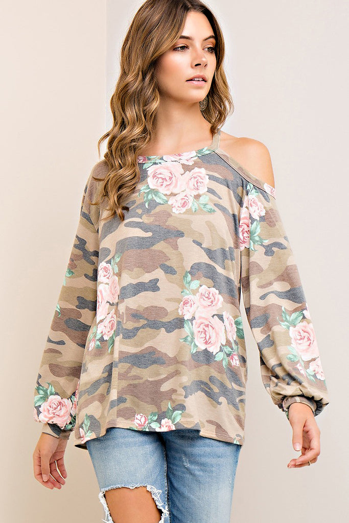 Open-Shoulder Camo Floral Print Top