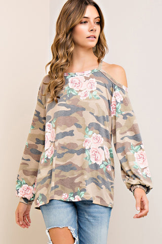 Open-Shoulder Camo Floral Print Top