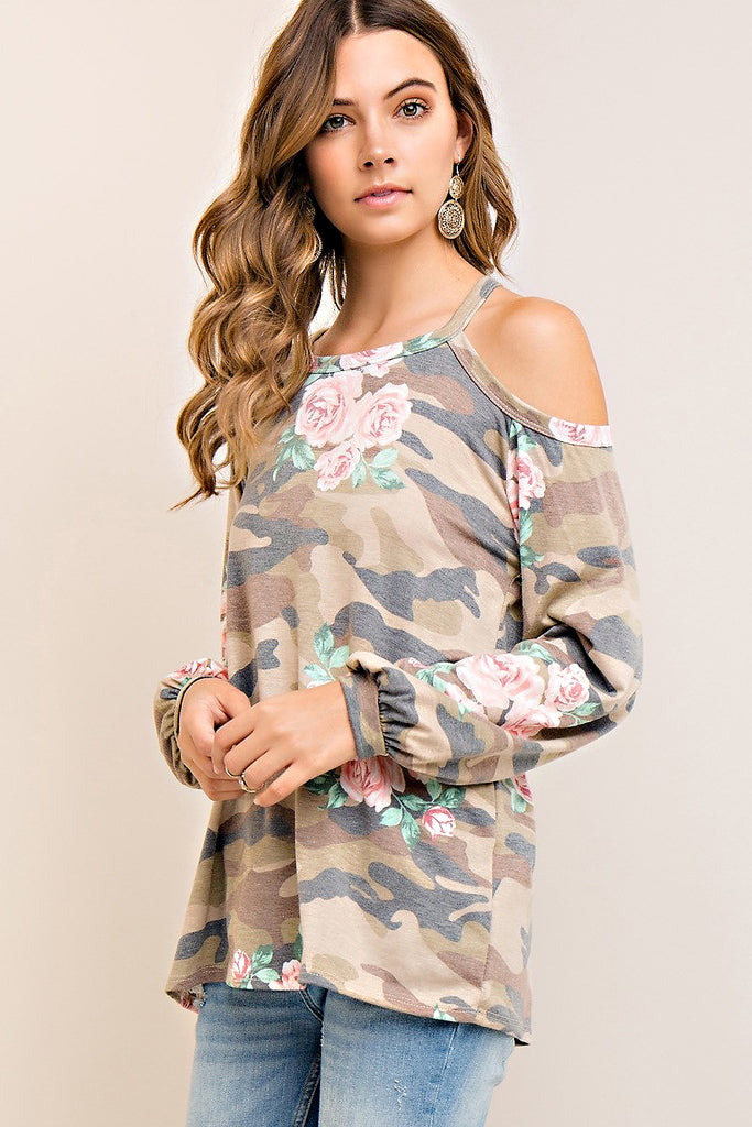 Open-Shoulder Camo Floral Print Top