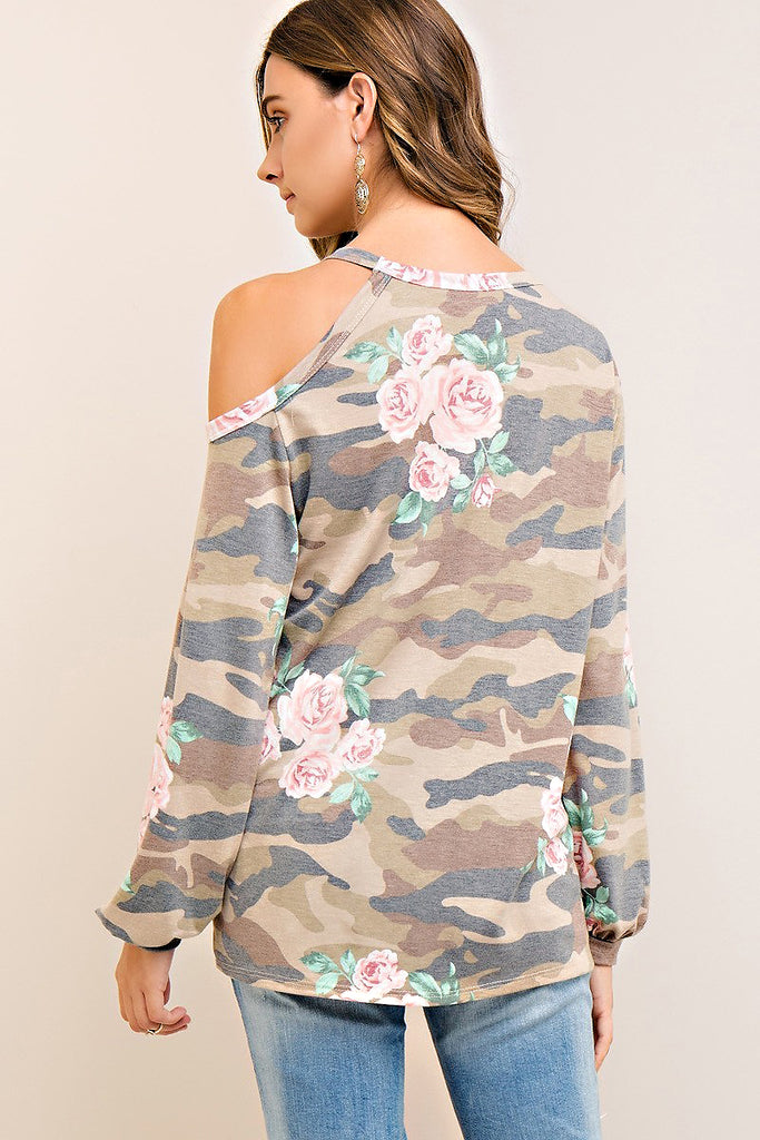 Open-Shoulder Camo Floral Print Top
