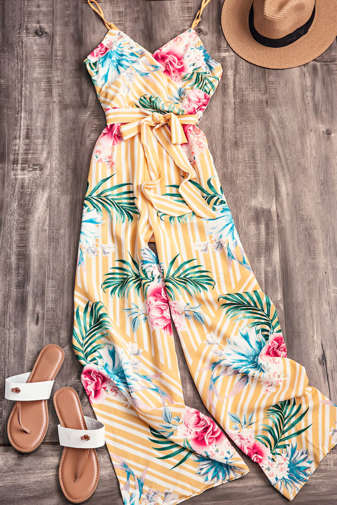 Floral Striped Tropical Print Jumpsuit- Yellow