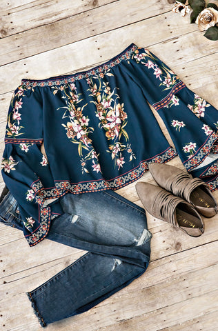 OFF THE SHOULDER TOP WITH BELL SLEEVES-NAVY