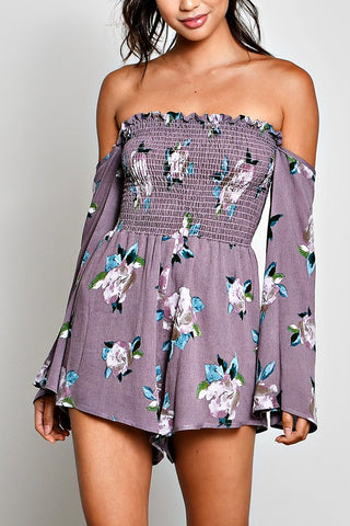OFF THE SHOULDER FLORAL ROMPER-PLUM