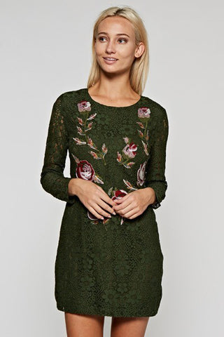 Lace Floral Embroidered Dress-Olive