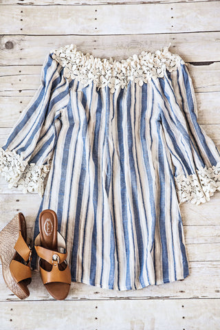CROCHET STRIPED OFF THE SHOULDER DRESS