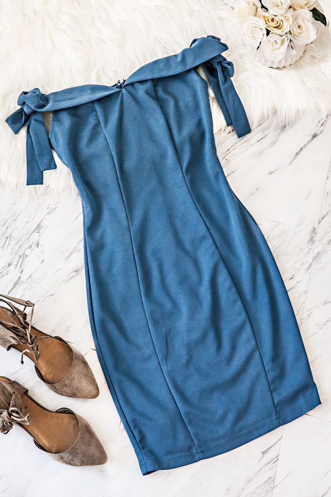 Sweet Heart Neckline Off The Shoulder Dress-Blue