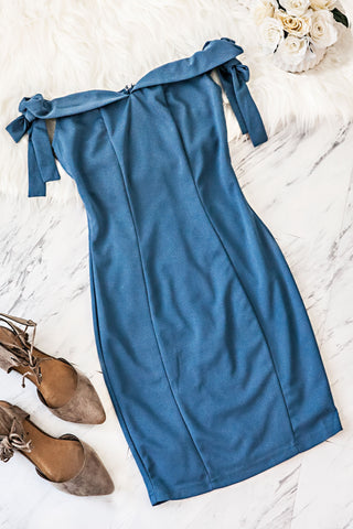 Sweet Heart Neckline Off The Shoulder Dress-Blue