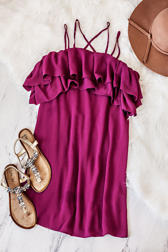 Ruffled Off The Shoulder Dress-Magenta