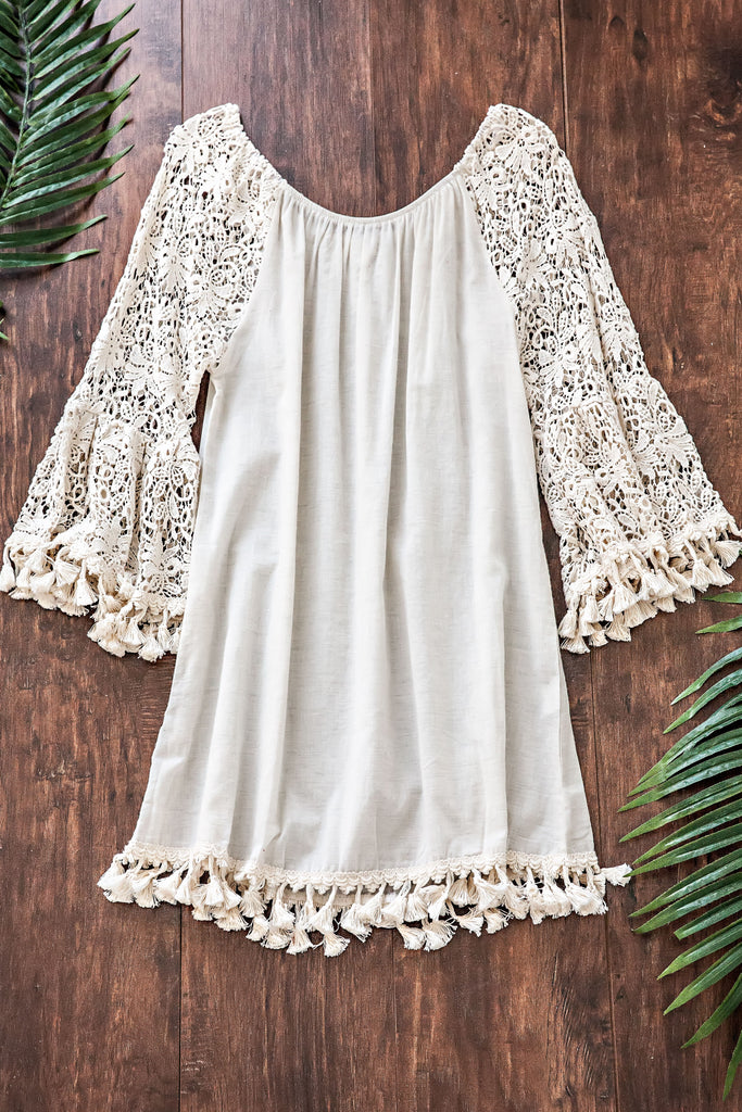 MARBELLA OFF THE SHOULDER CROCHET SLEEVES DRESS-NATURAL