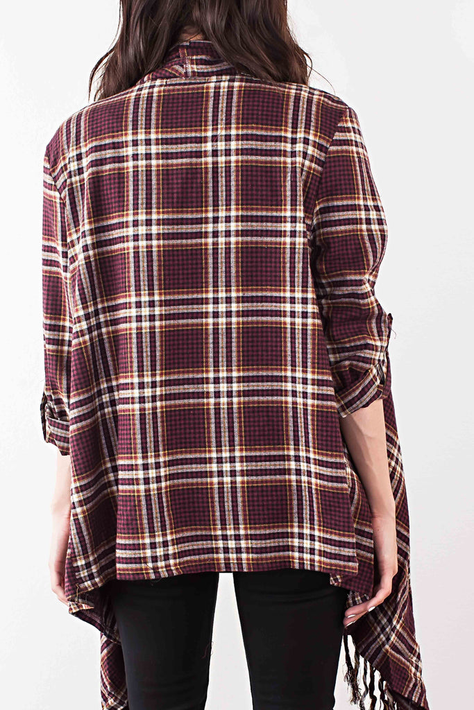 Plaid Cardigan-Burgundy
