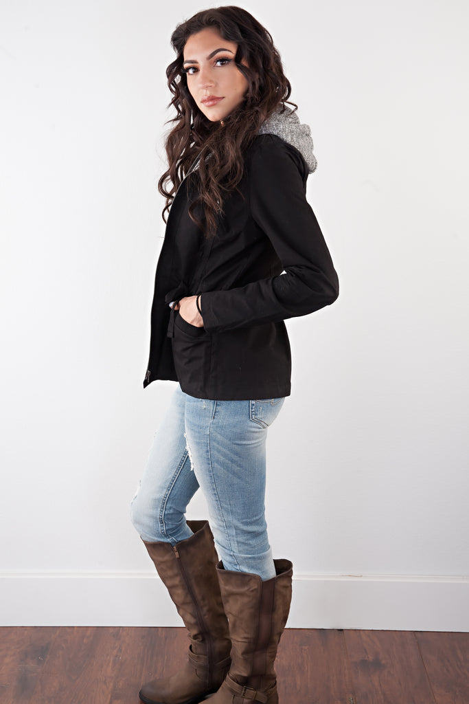 Jacket With Fleece Hoodie-Black