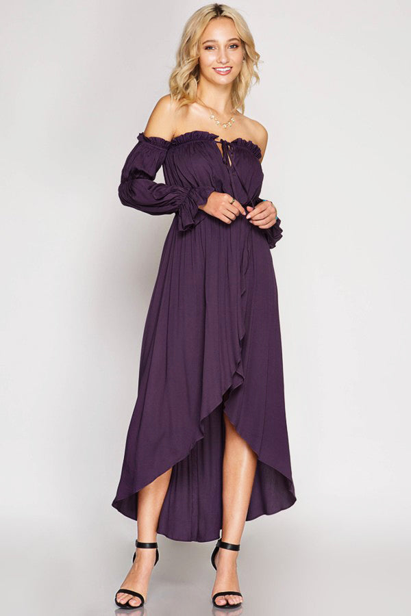 Long Sleeve Off Shoulder Maxi Dress-Dusty Purple