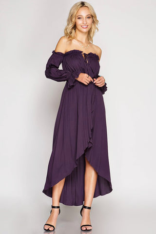Long Sleeve Off Shoulder Maxi Dress-Dusty Purple