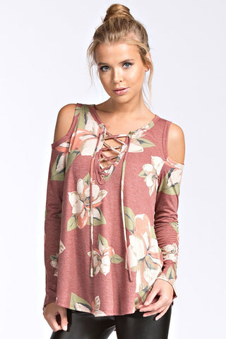 Floral Open Shoulder Top-Rust
