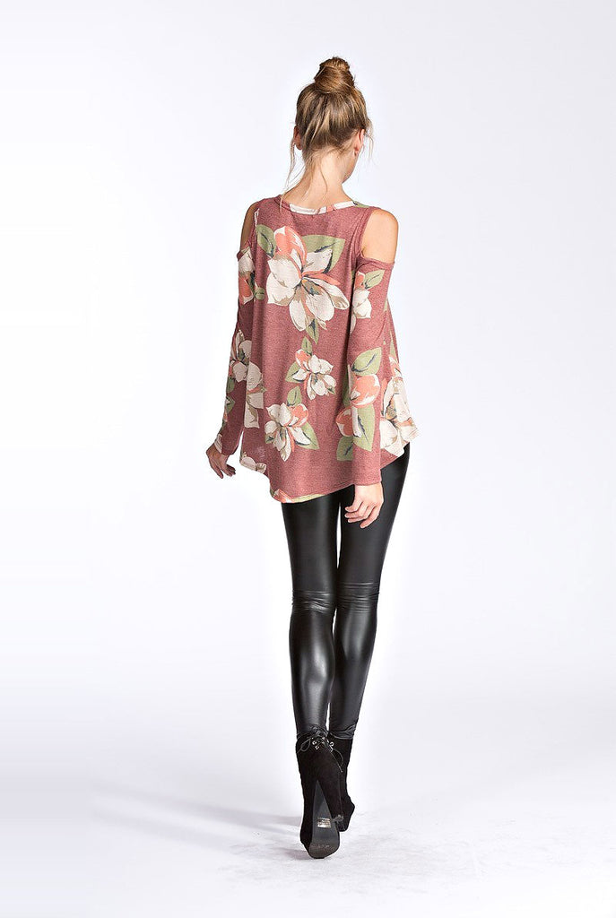 Floral Open Shoulder Top-Rust