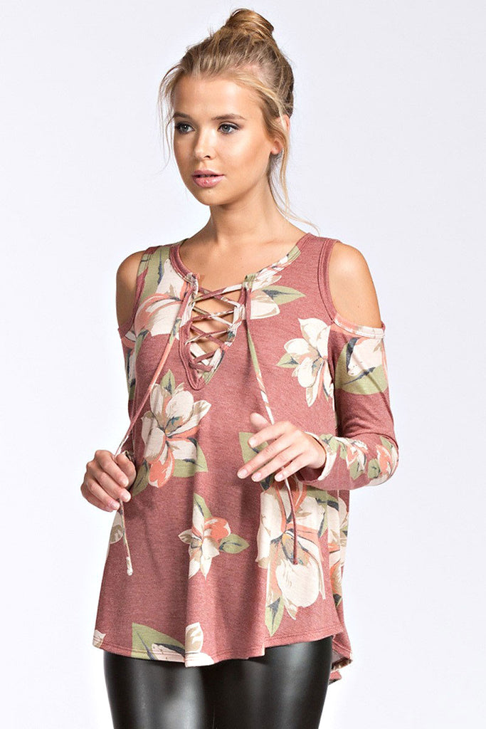 Floral Open Shoulder Top-Rust