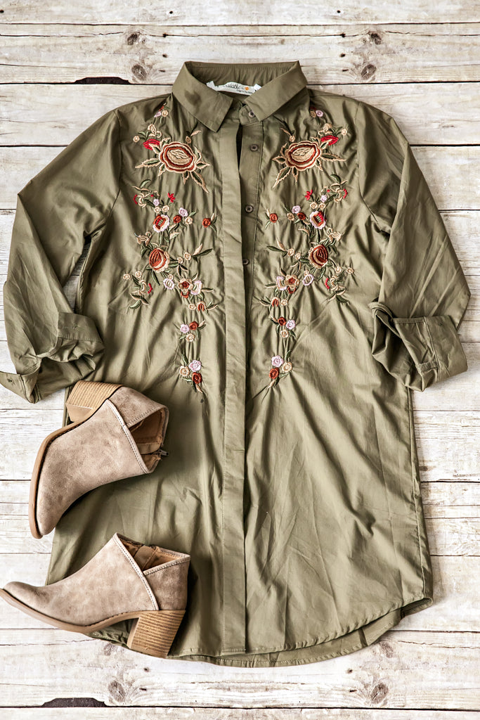 Embroidered Button Up Dress-Olive