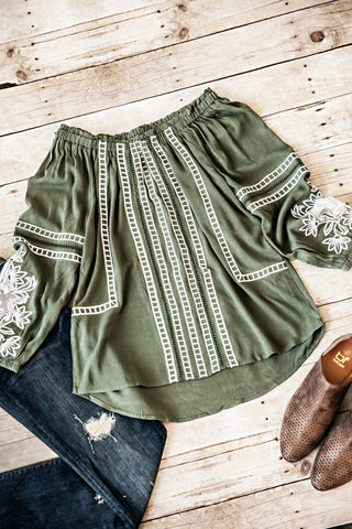 Olive Embroidered Top