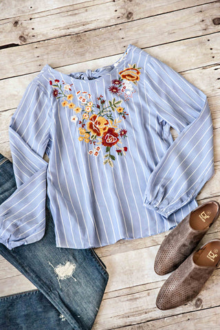 STRIPED EMBROIDERED TOP-BLUE