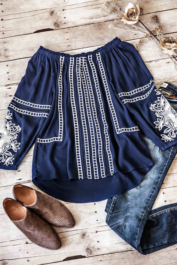 Navy Embroidered Top