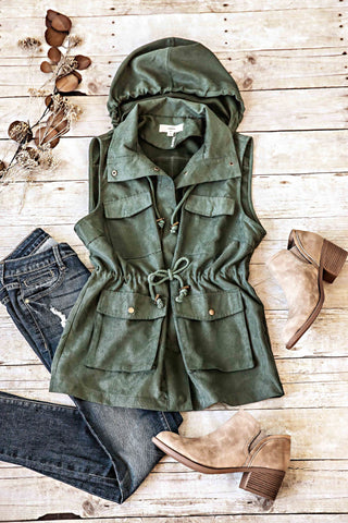 Solid Suede Hooded Vest- Olive