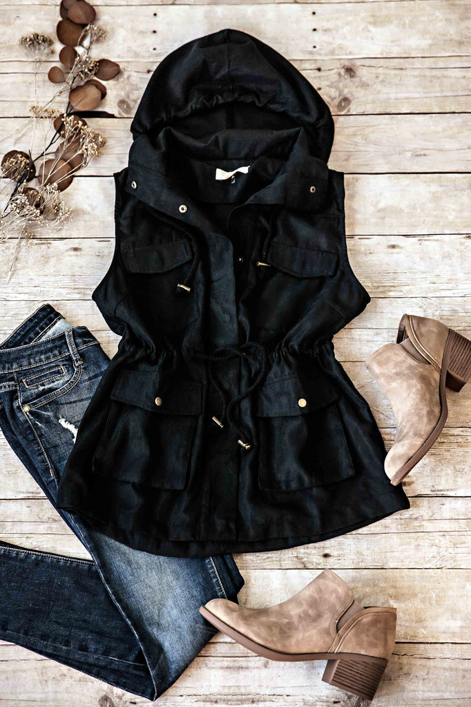 SOLID SUEDE HOODED VEST- BLACK