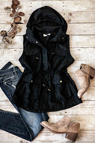 SOLID SUEDE HOODED VEST- BLACK