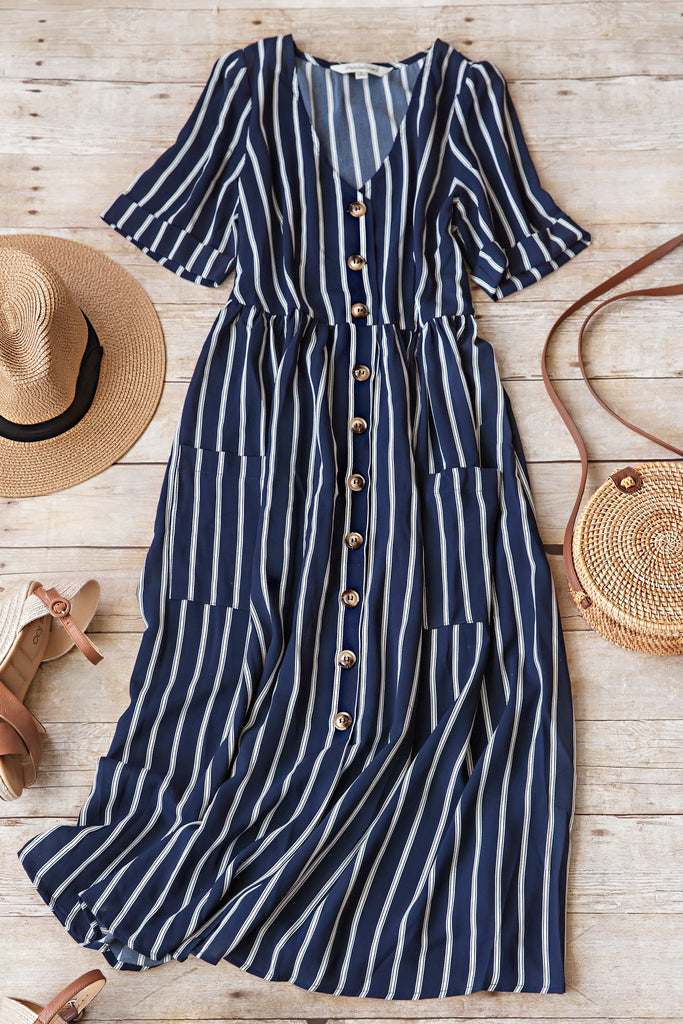 Nina Striped Midi Dress-Navy