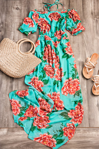 Floral Off Shoulder Maxi Dress- Turquoise