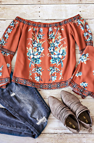 Off The Shoulder Top With Bell Sleeves-Rust