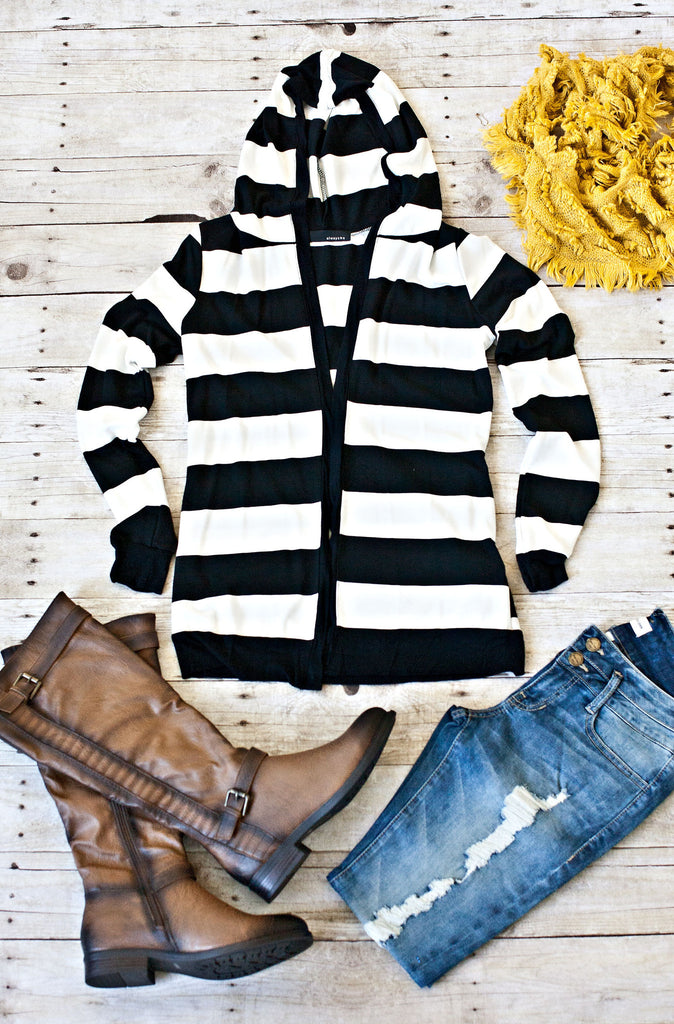 Black And White Striped Cardigan
