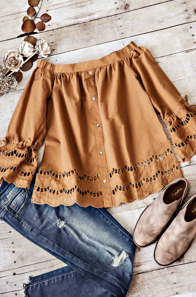 Off The Shoulder Eyelet Details Top-Camel