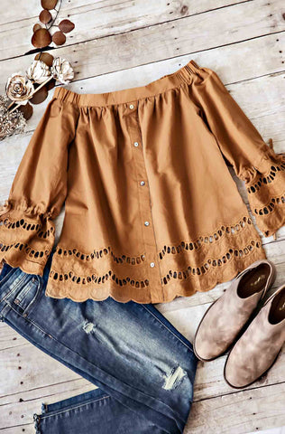 Off The Shoulder Eyelet Details Top-Camel
