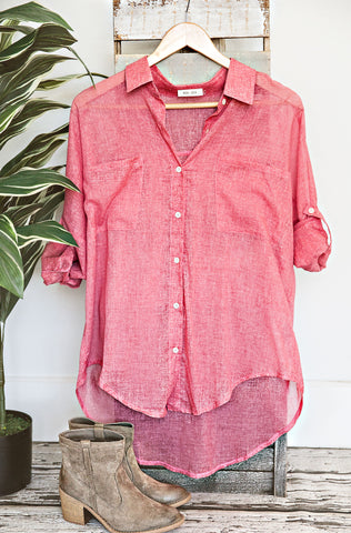 Comfy Button Up Top-Coral