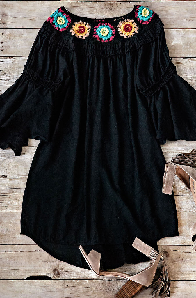 CROCHET NECKLINE OFF THE SHOULDER DRESS-Black