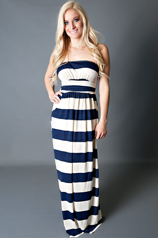Crossing Paths Striped Maxi Dress-Navy