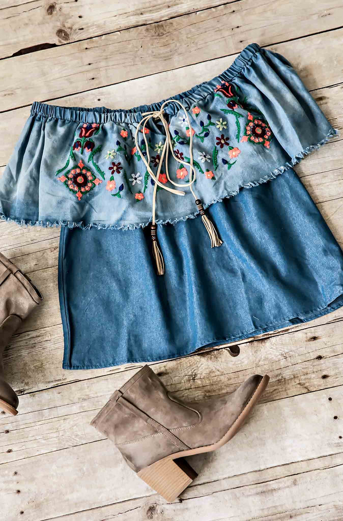 Embroidered Off The Shoulder Denim Top