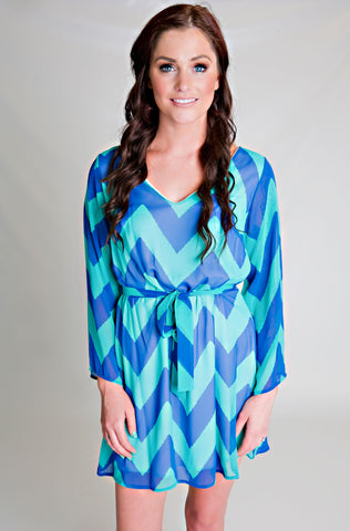 Melon Drop With Sleeves Chevron Dress In Blue