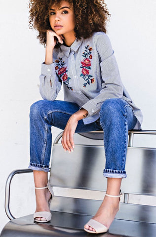 Embroidered Striped Button Up-Grey/Black