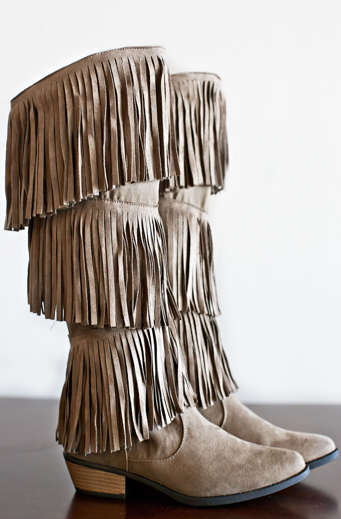 Avery Fringe Boots-Taupe