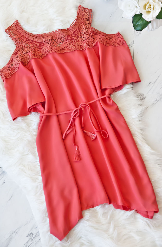 Pretty In Coral Open Shoulder Dress