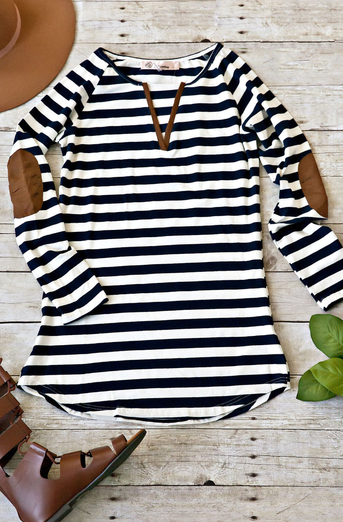 Striped Elbow Patch Dress-Ivory Navy