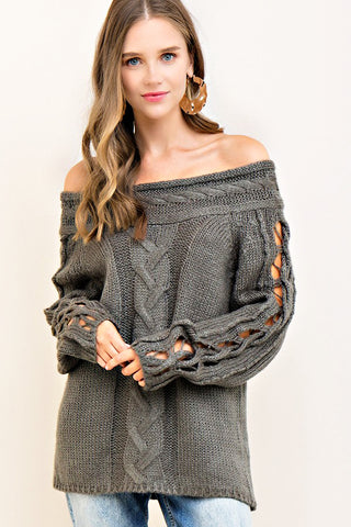 Off-Shoulder Cable Knit Sweater