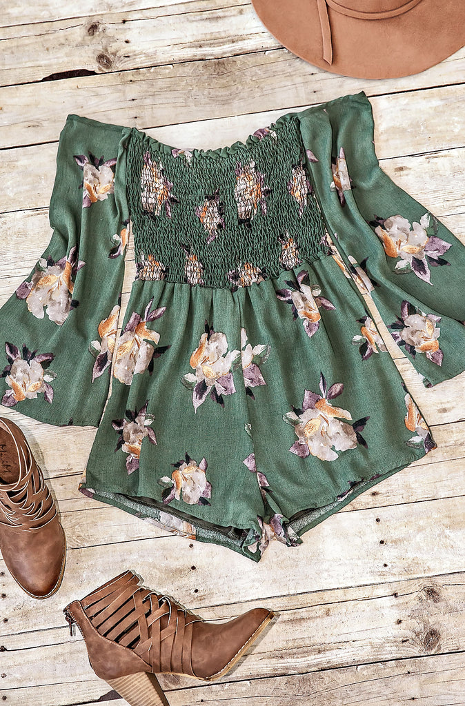 OFF THE SHOULDER FLORAL ROMPER-OLIVE