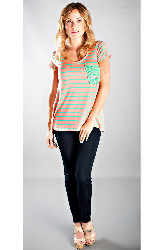 Crochet Lace Pocket Striped Top-Pink Mint