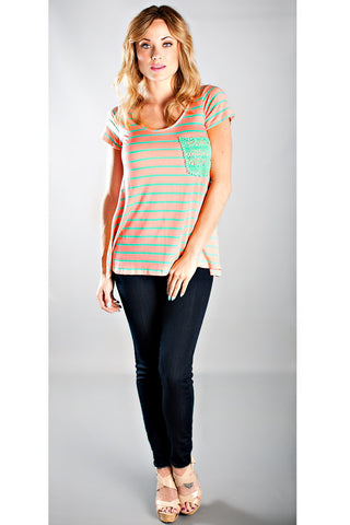 Crochet Lace Pocket Striped Top-Pink Mint
