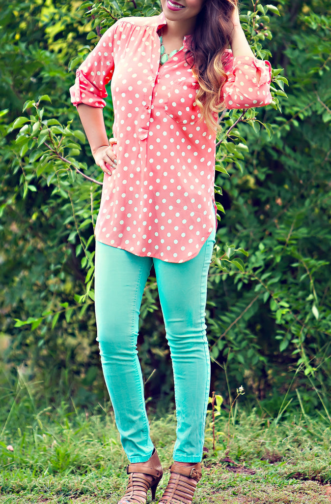Center Of Attention Polka Dot Top- Coral