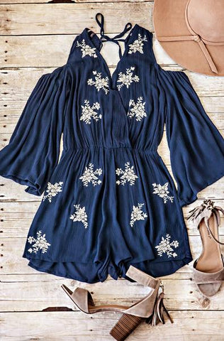 Sayde Embroidered Open Shoulder Romper-Navy