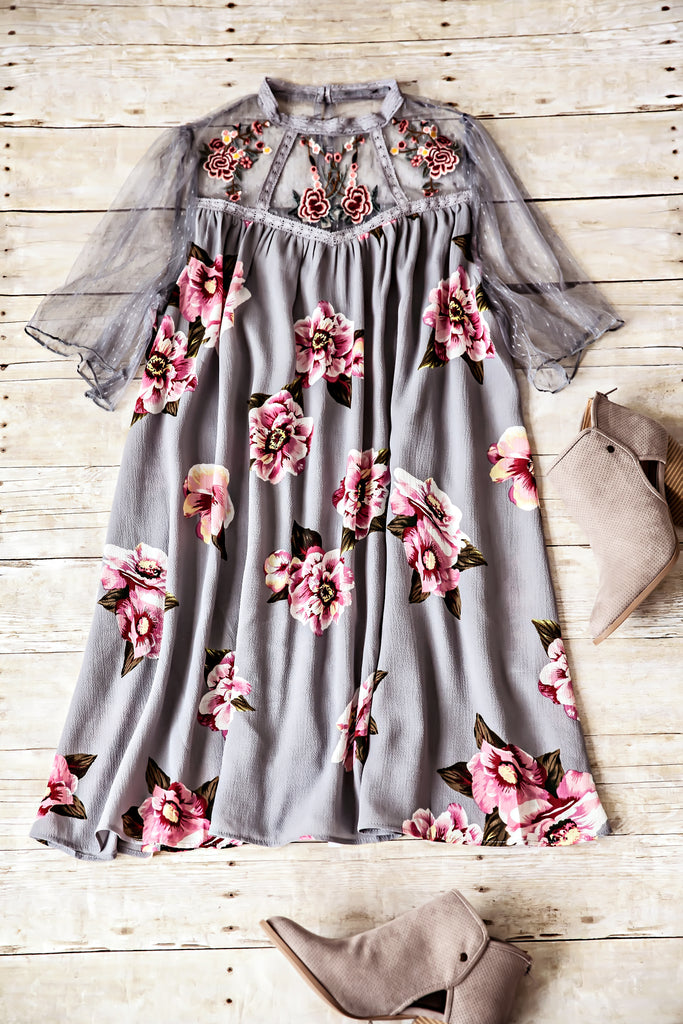 Floral Print Mock Neck Dress-Grey